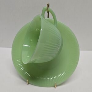 Fire King OVEN WARE JADEITE JANE RAY CUP & SAUCER Vintage USA with Stand